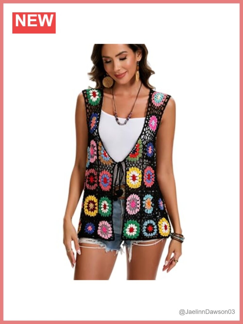 Crochet Granny Square Vest Cotton Blend Open Front Sleeveless Boho Cardigan
